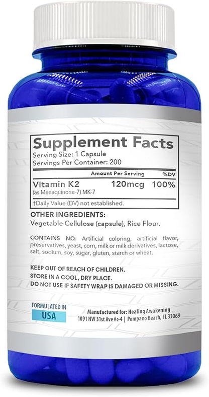 Vitamin K2 MK7 Supplement | High Absorption K2 Vitamin Supplement with Active MK7 Menaquinone Form for Joint Heart & Immune Support | Vegan Non-GMO Soy Free Made in cGMP Labs (200 Veggie Capsules)