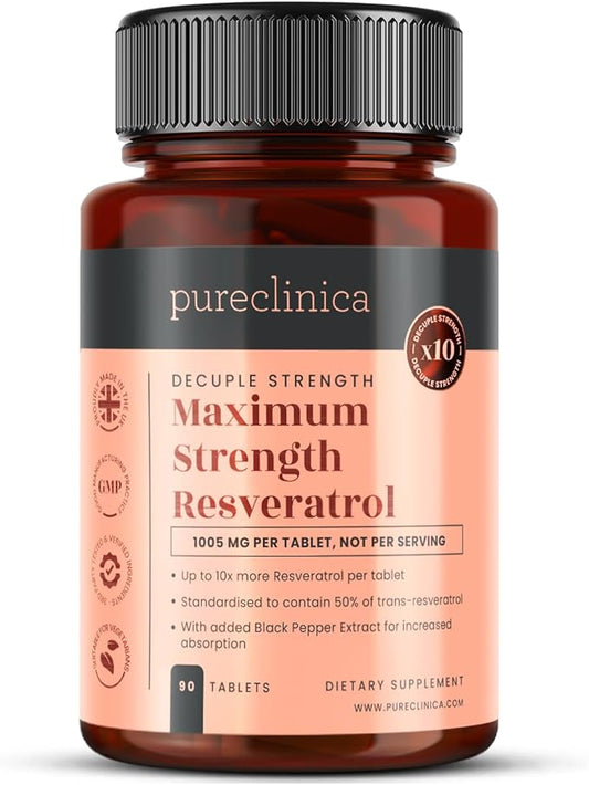 1000mg Resveratrol x 90 Tablets (3 Months Supply). 10 x Strength with Black Pepper Extract for Faster Absorption