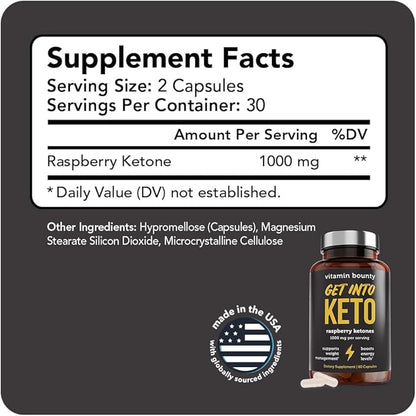 Vitamin Bounty Get Into Keto Pills - Premium Raspberry Ketones, Promotes Ketosis for Women and Men, Supports Keto Diet, Green Tea, Boosts Energy, Non-GMO - 60 Capsules