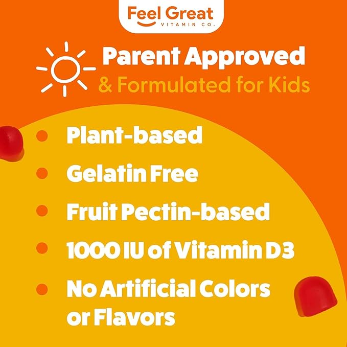 Feel Great Kids Vitamin D3 1000 IU Gummies (2-Pack) | Kids Vitamin D Gummies for Healthy Bones, Mood, & Immune Support | Citrus Flavored Vegetarian D3 Gummies