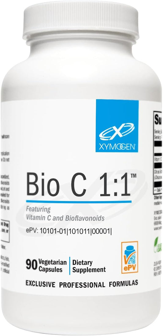 XYMOGEN Bio C 1:1 - High Potency Vitamin C Supplement with Citrus Bioflavonoids - Antioxidant + Immune Support, Promotes Collagen Synthesis (90 Vitamin C Capsules)