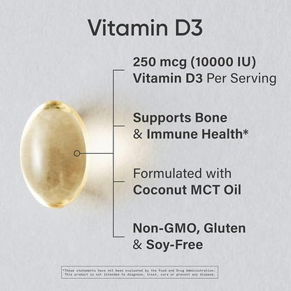Sports Research 10,000 iu Vitamin D3 Supplement with Organic Coconut Oil - Vitamin D for Strong Bones & Immune Health - Supports Calcium Absorption - Non-GMO - 250mcg, 120 Mini Softgels for Adults