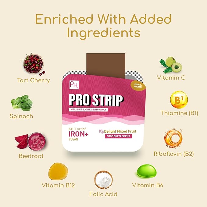 PROSTRIP® Iron+ AB-Fortis® 14mg Added with Vitamin C, B1, B2, B6, Folic Acid, Beetroot, Spinach and Tart Cherry – 30 Oral Vegan Strips – No Water Needed – High Absorption by Prowise Healthcare