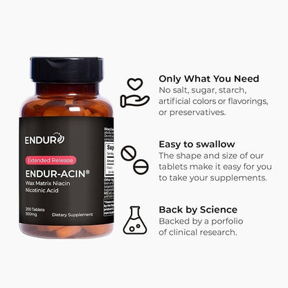 ENDUR-ACIN, Extended Release Niacin for Optimal Absorption & Low-Flush Vitamin B3 Niacin 500mg, Premium Niacin Supplement Made in USA, 200 Tablets