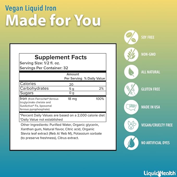 LIQUIDHEALTH Vegan Liquid Iron Supplement with SunActive & Ferrochel Fe - Natural Energy, Immune System & Metabolic Support, Increase Mental Clarity, Prenatal/Postnatal - USA Made, Non-GMO (2 Pack)