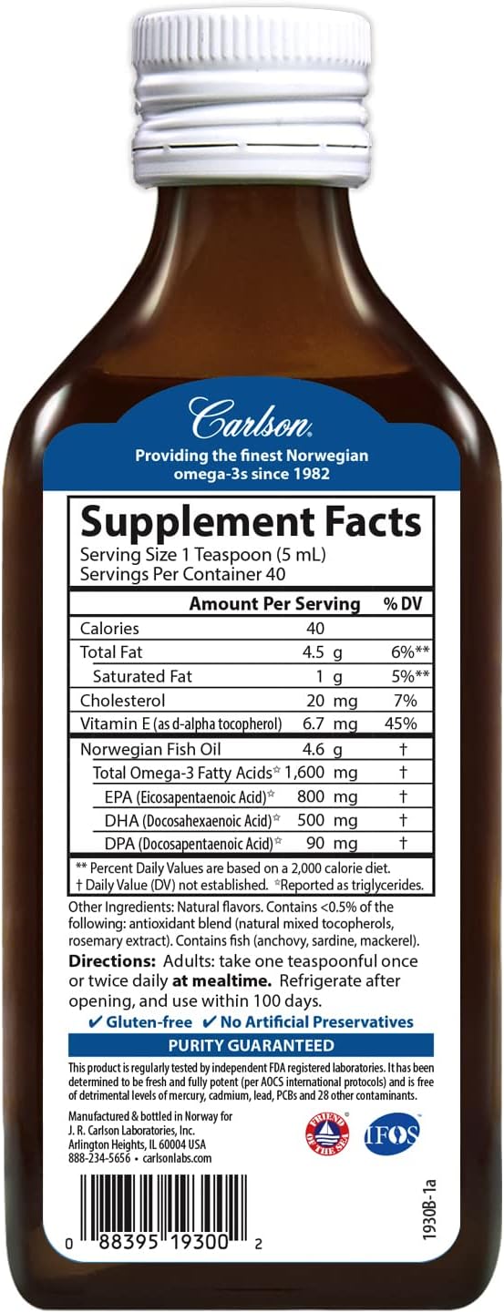 Carlson - The Very Finest Fish Oil, 1600 mg Omega-3s, Liquid Fish Oil Supplement, Norwegian Fish Oil, Wild-Caught, Sustainably Sourced Fish Oil Liquid, Mixed Berry, 200 mL (6.7 Fl Oz)
