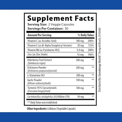 Stonehenge Health Dynamic Immunity Daily Supplement 10-in-1 Immune Boosters Zinc, Elderberry, Echinacea, Vitamin C & Probiotic L. Acidophilus – Supports Immune System & Respiratory Health, 60 Capsules