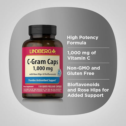 Piping Rock Vitamin C | 1000mg | 110 Capsules | with Bioflavonoids and Rose HIPS | Non-GMO, Gluten Free Supplement | by Lindberg