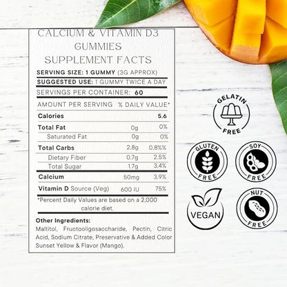 Vitamin D3 600 IU Calcium 50 mg Gummies, 60 Count,Improves Lubrication Between Joints Regulates Bone Health -Calcium Gummies for Adults Vegetarian Without Gluten