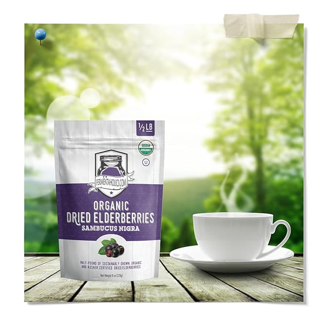 FERMENTAHOLICS | USDA Organic Dried Elderberries - 8 oz | All Natural Free Of Chemicals | For Syrup, Gummies, Kombucha, Tea, and Wine | Sambucus Nigra | Elderberry Syrup Instructions Included