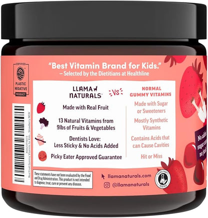 Llama Naturals Kids Multivitamin Gummies, Vegan, Organic with Vitamin D, C & K, Toddler Real Fruit Gummy Vitamins, Chewable Supplement, Whole Food Multivitamin, No Added Sugar Cane, Strawberry, 2 Pk