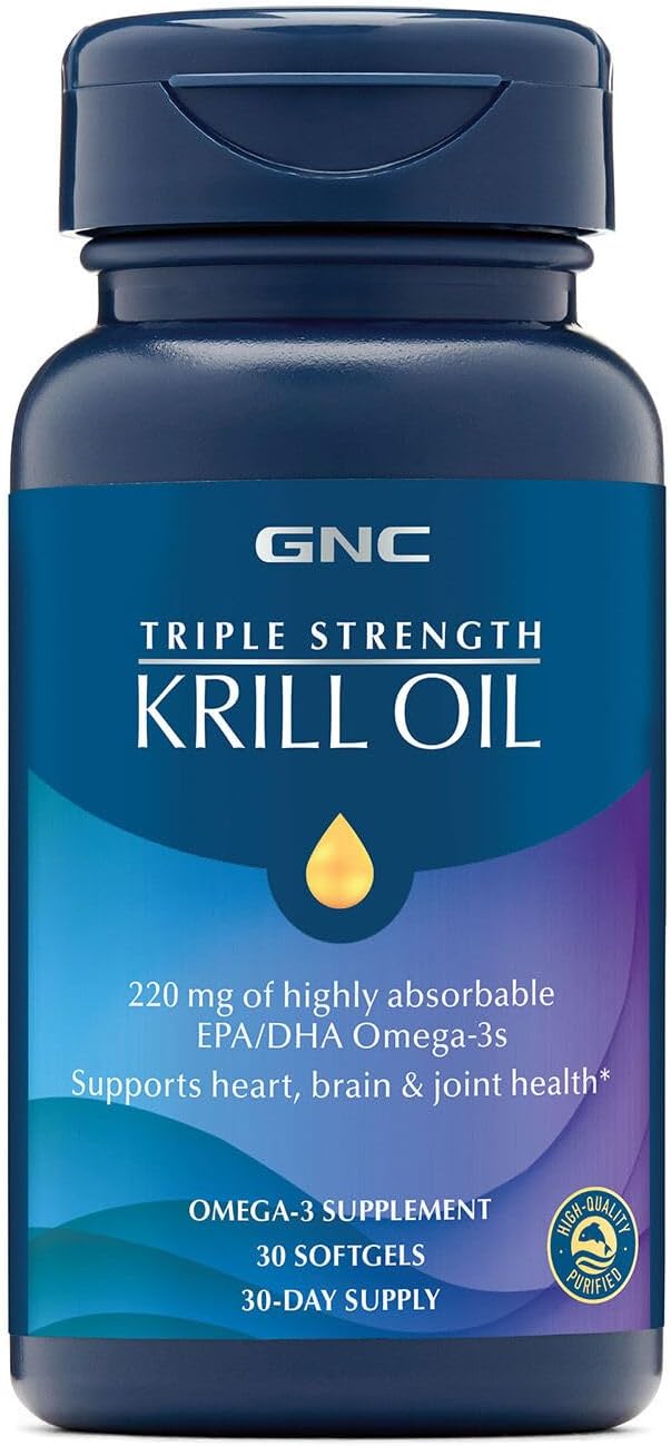 GNC Triple Strength Krill Oil Supplement, 220mg EPA and DHA Omega 3s, Supports Heart, Brain, and Joint Health, Superior Absorption, Antarctic Sourced, Burpless, 30 Softgels, 30 Servings