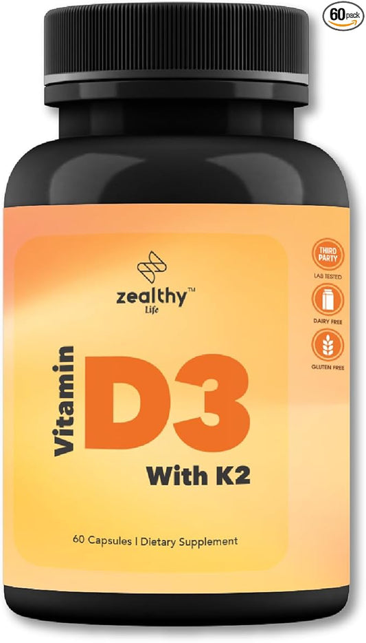 Vitamin D3 + K2 - High Potency Bone & Heart Health Formula* - 60 Easy-to-Swallow Capsules | Zealthy Life - 60 Capsules