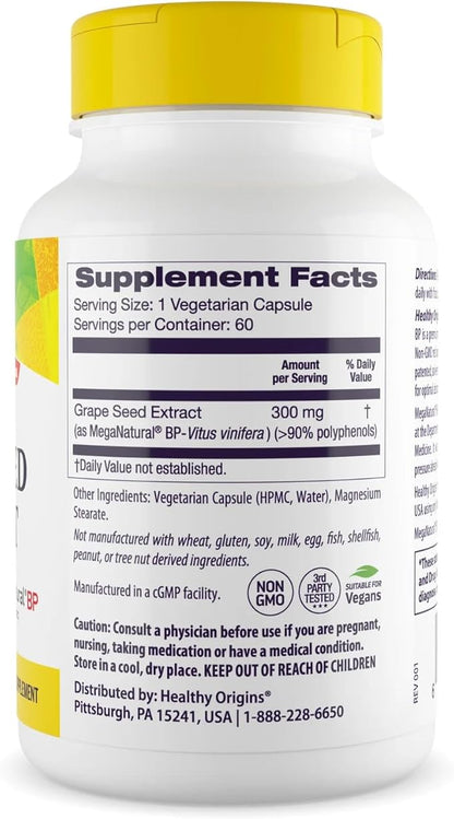 Healthy Origins Grape Seed Extract 300 mg (MegaNatural BP, Non-GMO, California-Grown, Gluten Free, Supports Healthy Blood Pressure), 60 Veggie Caps