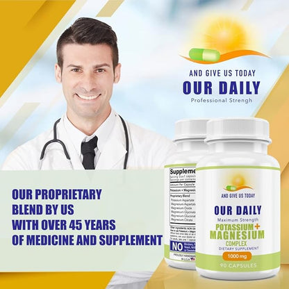 Our Daily Vites Potassium Magnesium Supplement 1000 mg - Powerful Magnesium Potassium Supplement with 5 Forms of Magnesium for Muscle Recovery, Leg Cramps, Gluten-Free Non-GMO - 90 Caps (1000 mg)