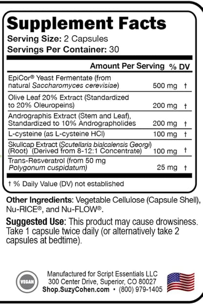 Immune Script with EpiCor for Seasonal Immune, Gut and Respiratory Support - Contains Andrographis, Skullcap, Resveratrol, Olive Leaf Extract, Supports Refreshing Sleep - 60 Capsules