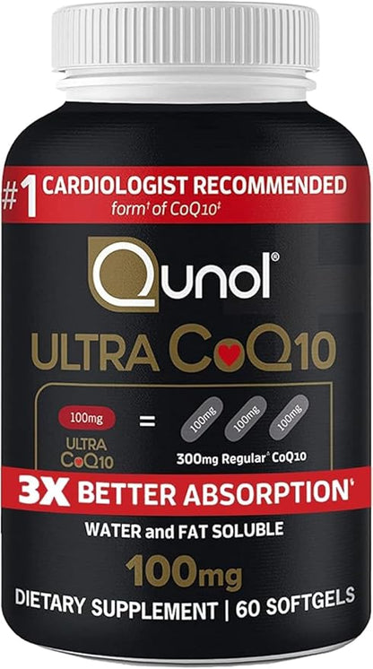 Qunol Ultra CoQ10 100mg Softgels- 3x Better Absorption Coenzyme Q10 Supplements - Antioxidant Supplement for Vascular and Heart Health & Energy Production - 2 Month Supply - 60 Count