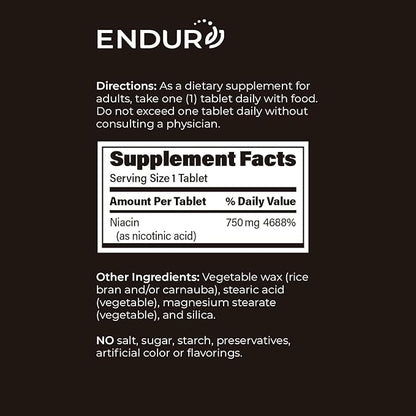 EndurAcin - Extended Release Niacin for Optimal Absorption & Low-Flush Vitamin B3 Niacin, Non-GMO, Vegan, Gluten Free Niacin 750mg, 200 Tablets
