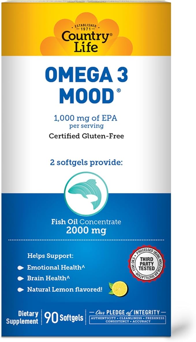 Country Life Omega 3 Mood, 2000mg Fish Oil with EPA & DHA, 90 Softgels, Certified Gluten Free