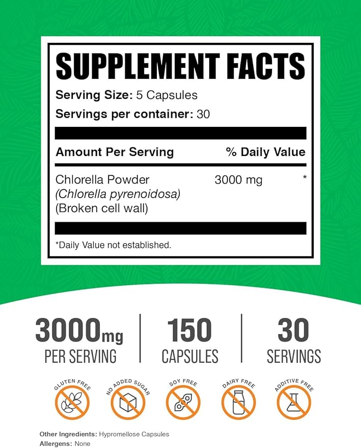 BulkSupplements.com Chlorella Capsules - Broken Cell Wall, Chlorella Supplement - Superfood Supplement, Vegan & Gluten Free, 5 Capsules per Serving, 150 Count (Pack of 1)