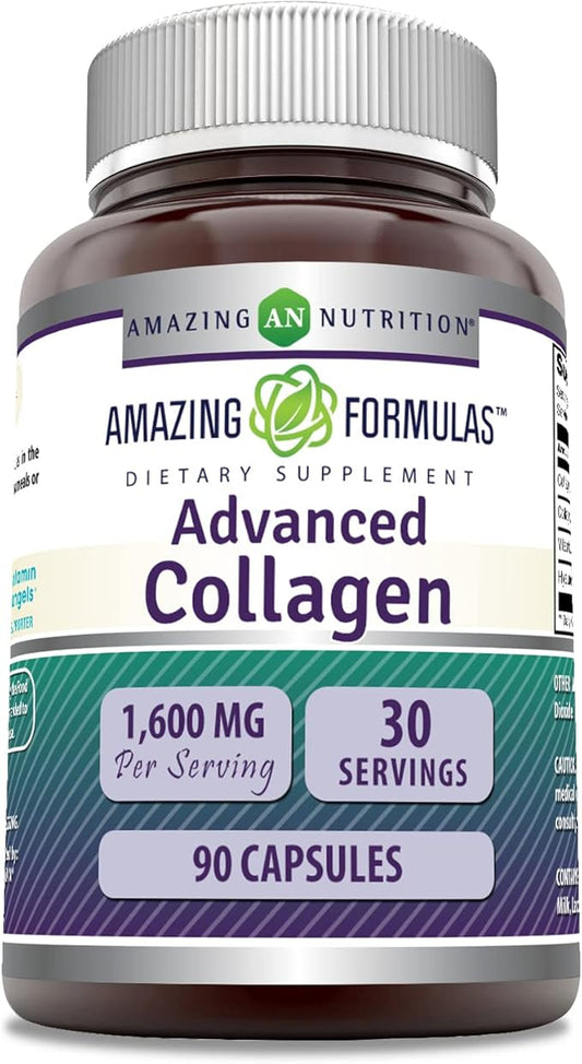 Amazing Formulas Advanced Collagen Supplement | Collagen Type I, II & III with Vitamin C & Hyaluronic | 1600 Mg Per Serving | 90 Capsules | Non-GMO | Gluten-Free | Made in USA