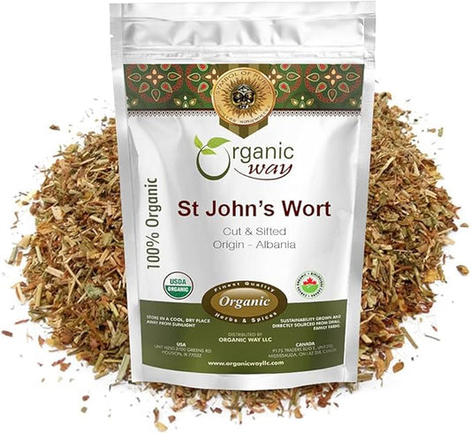 Organic Way St. John's Wort Cut & Sifted (Hypericum perforatum) - Herbal Tea | European Wild-Harvest | Organic, Kosher & USDA Certified | Vegan, Non GMO & Gluten Free | Origin - Albania (1LBS / 16Oz)