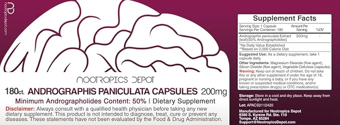 Andrographis paniculata Capsules | 200mg | 180 Count | 50% Andrographolides | Supports Immune Function | Supports Cellular Function