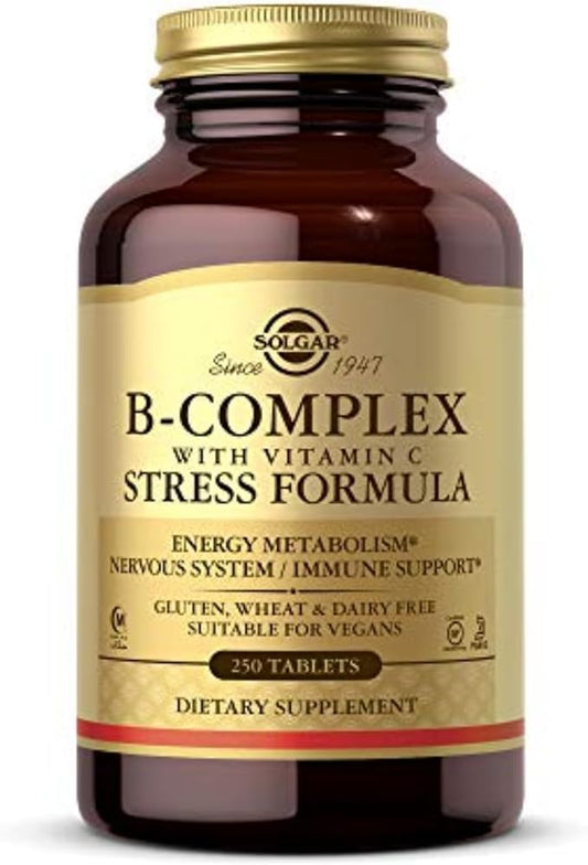 Solgar B-Complex with Vitamin C Stress Formula, 250 Tablets - Energy Metabolism, Nervous System & Immune Support - Non-GMO, Vegan, Gluten Free, Dairy Free, Kosher, Halal - 125 Servings