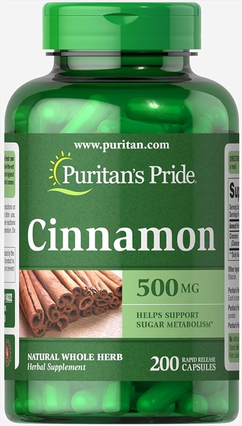 Puritan's Pride Cinnamon 500mg, Supports Healthy Sugar Metabolism & Heart Health, 200 Capsules