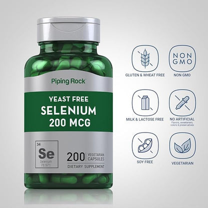 Piping Rock Yeast Free Selenium 200mcg | 200 Capsules | Vegetarian, Non-GMO, Gluten Free Formula