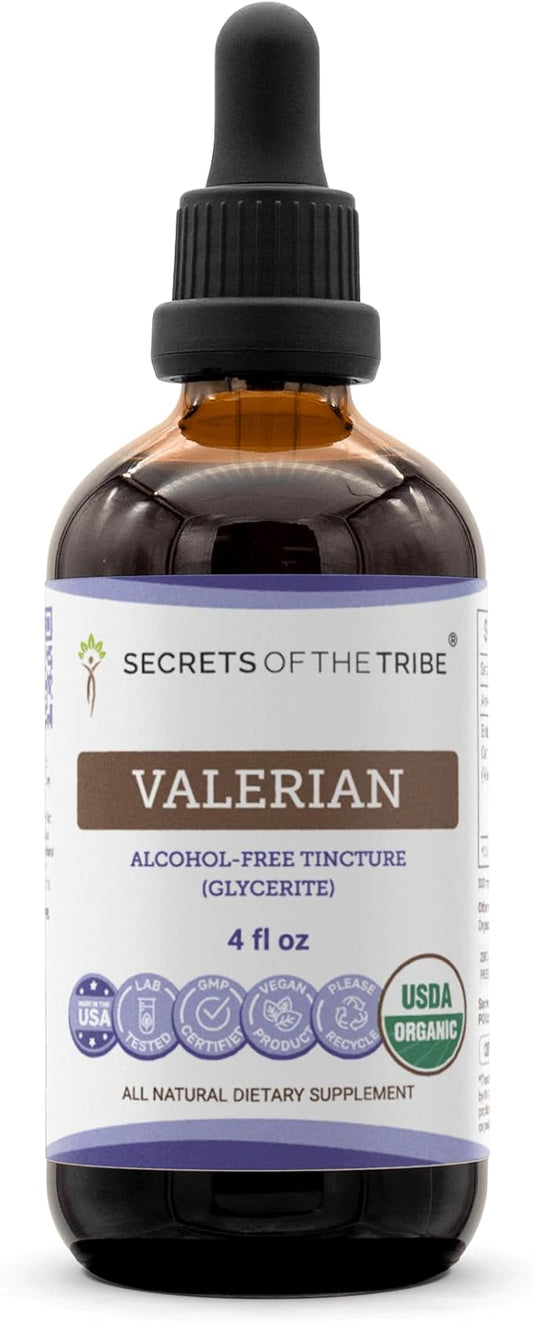 Secrets of the Tribe Valerian USDA Organic | Alcohol-Free Extract, High-Potency Herbal Drops | Made from 100% Certified Organic Valerian (Valeriana officinalis) Dried Root (4 oz)