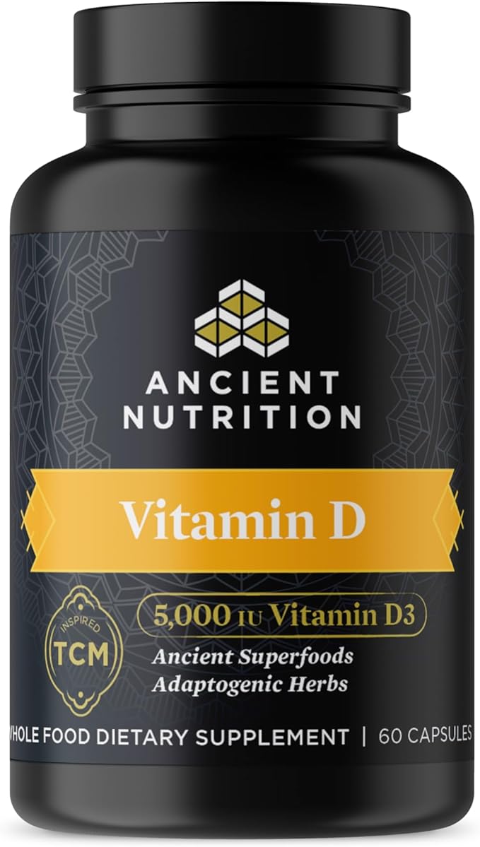 Ancient Nutrition Vitamin D Supplement, 5,000 IU Vitamin D for Immune Support, Made from Bone Broth and Mushroom Extract, Supports Healthy Inflammation, Paleo and Keto Friendly, 60 Capsules