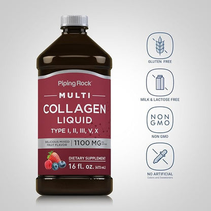 Piping Rock Liquid Collagen 16 fl oz | 1100mg | Fruit Flavor | Multi Collagen Peptides | with Vitamin C | Non-GMO, Gluten Free Supplement