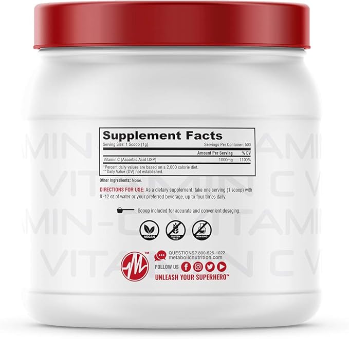 Metabolic Nutrition Vitamin C, 1000mg, Pure Pharma Grade, High Absorption Ascorbic Acid (500 g)