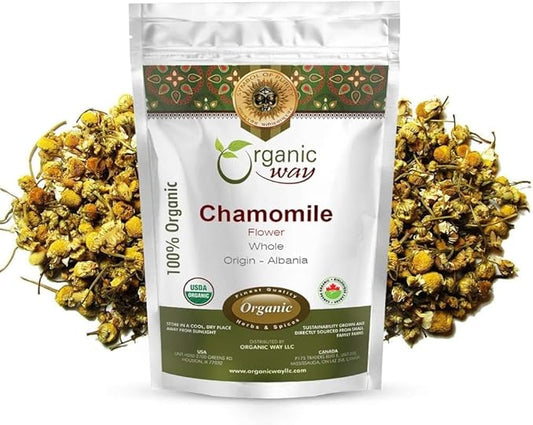 Organic Way Chamomile Flower Whole (Matricaria chamomilla) - Herbal Tea | European Wild-Harvest | Kosher & USDA Certified | Vegan, Non-GMO & Gluten Free | 100% Raw from Albania (2Oz)