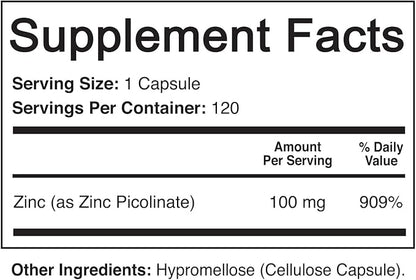 NutriFlair Zinc Picolinate 100mg, 120 Capsules - Vegan, Non-GMO, Made in USA, Third-Party Lab Tested