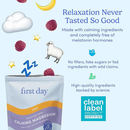 First Day Kids’ Nighttime Reset Calming Magnesium Gummies – Sleep Aid to Support Calm & Relaxation – Bedtime Supplement with Magnesium Citrate, Suntheanine & No Melatonin – 30-Day Supply