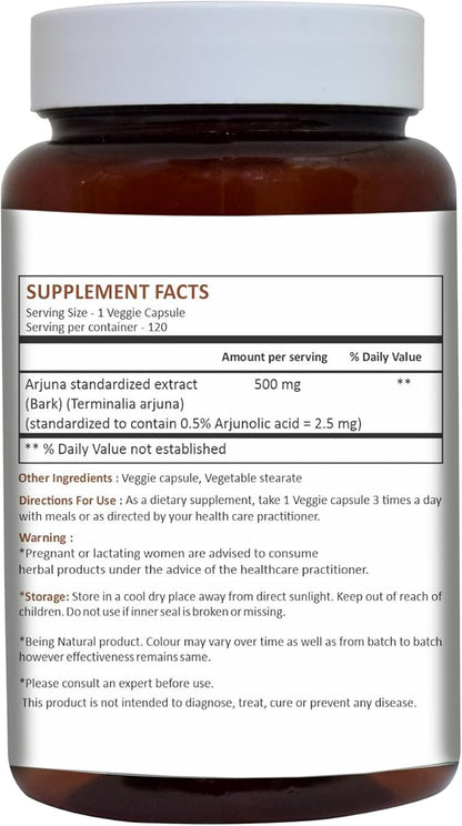 HERBAL HILLS Arjuna Capsules (Terminalia Arjuna) | 120 Count (500 mg) | Standardized Extract Wellness and Health Supplements with Arjuna Bark Extract