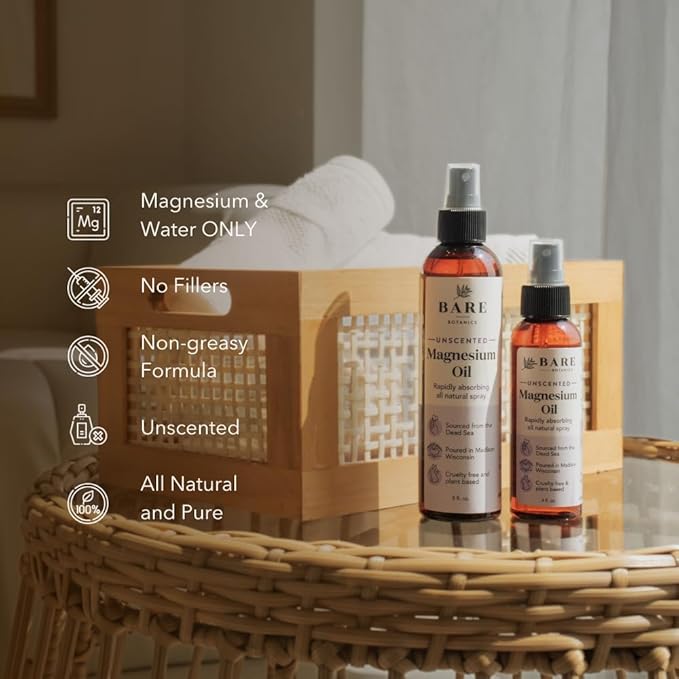 Bare Botanics Unscented 16oz Pure Magnesium Oil Spray from The Dead Sea | Rapidly Absorbing | Handpoured in Madison, WI | Supports Sleep & Soothes Sore Muscles