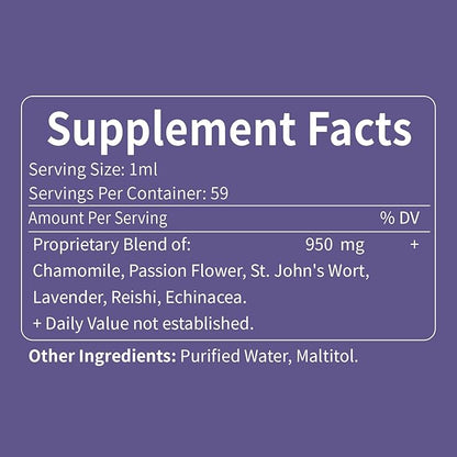 Chamomile herb Extract Drops, Natural Calm Herbal Tincture Supplement w/Passion Flower, St. John's Wort, Lavender, Reishi, & Echinacea for Relaxation Support & Immune Support. 2oz