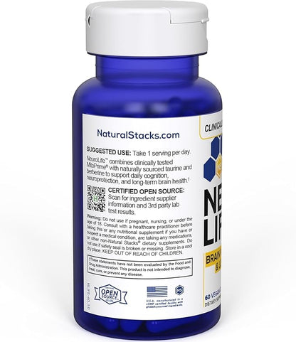 NeuroLife Longevity Supplement - 500mg Taurine & 400mg Berberine Supplement - Clinically Tested MitoPrime L-Ergothioneine - Brain Support for Cognitive Vitality - 60 Berberine Capsules