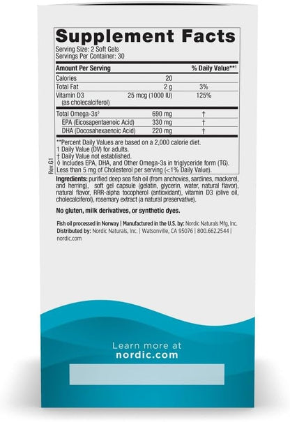 Nordic Naturals Omega-3D, Lemon Flavor - 60 Soft Gels - 690 mg Omega-3 + 1000 IU Vitamin D3 - Fish Oil - EPA & DHA - Immune Support, Brain & Heart Health, Healthy Bones - Non-GMO - 30