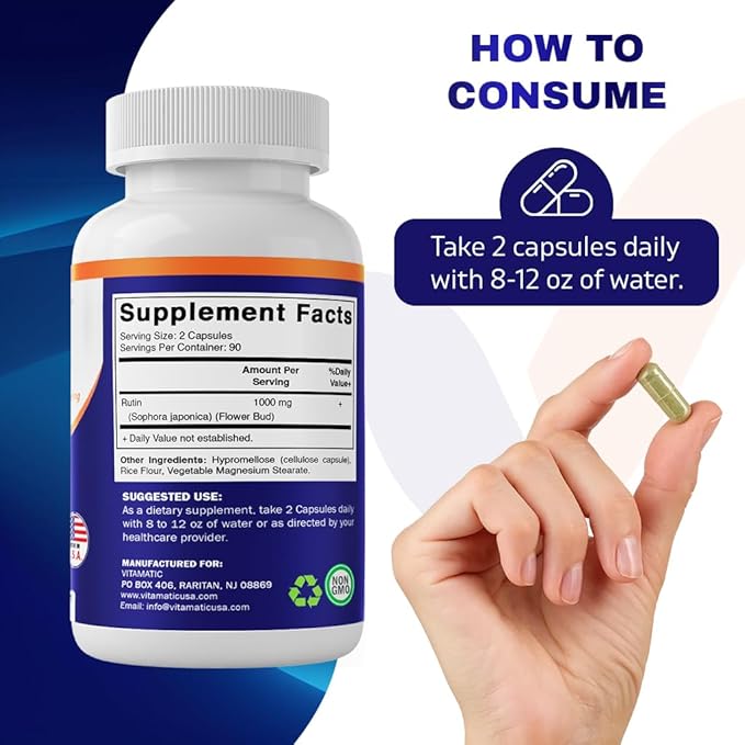 Vitamatic Rutin 1000mg Supplement, 90 Servings, Bioflavonoid, Free Radical Scavenger, Non-GMO, Gluten Free, Vegetarian