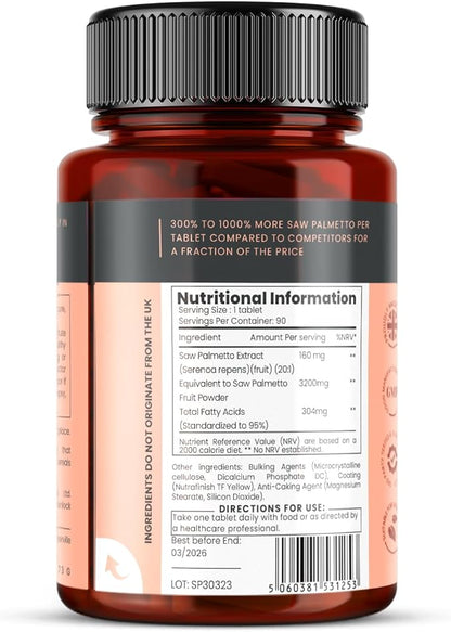 pureclinica High Potency Saw Palmetto x 90 Tablets - 160mg of 20:1 Saw Palmetto Extract per Tablet - Equivalent to 3200mg - 3 Months Supply - 95% Fatty Acids