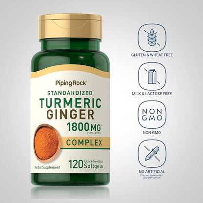 Piping Rock Turmeric and Ginger Supplement 1800mg | 120 Softgels | with Black Pepper Extract | Herbal Extract Complex | Non-GMO, Gluten Free