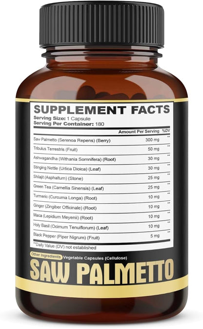 11in1 Saw Palmetto Capsules with Ashwagandha, Turmeric, Tribulus, Maca, Green Tea, Ginger, Holy Basil & More - Healthy Prostate & Hair Support - 180 Count 6-Month Supply