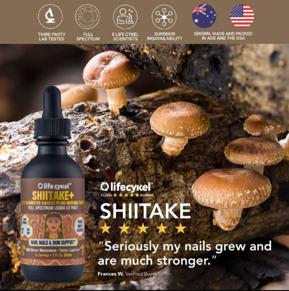Lifecykel - Shiitake Mushroom Extract with Kakadu Plum- Hair, Skin & Nail Support, Anti Aging Supplement- 100% Organic Mushrooms, Immune Boosting, Vitamin C Made in The US- 2 Fl oz(Packaging May Vary)