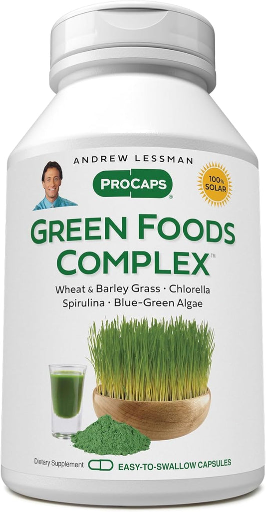 ANDREW LESSMAN Green Foods Complex 60 Capsules – Supplies Building Blocks for Healthy Tissue Growth and Liver Support. 100 mg Each of Barley Grass, Wheat Grass, Blue Green Algae, Chlorella, Spirulina