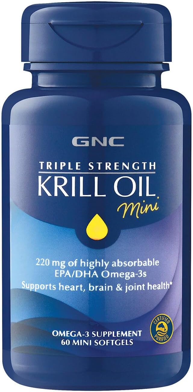GNC Triple Strength Krill Oil Supplement, 220mg EPA and DHA Omega 3s, Supports Heart, Brain, and Joint Health, Superior Absorption, Antarctic Sourced, Burpless, 60 Softgels