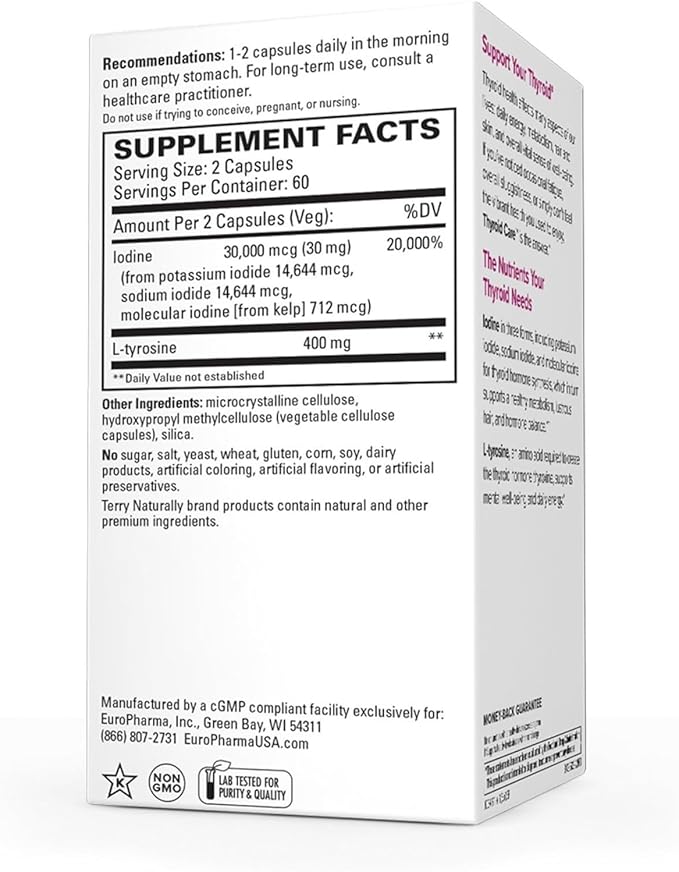 Terry Naturally Thyroid Care - Immune Health & Energy Support Formula - Nutritional Supplement with Iodine for Thyroid Health Support - Wellness Supplement with L-Tyrosine - 60 Capsules